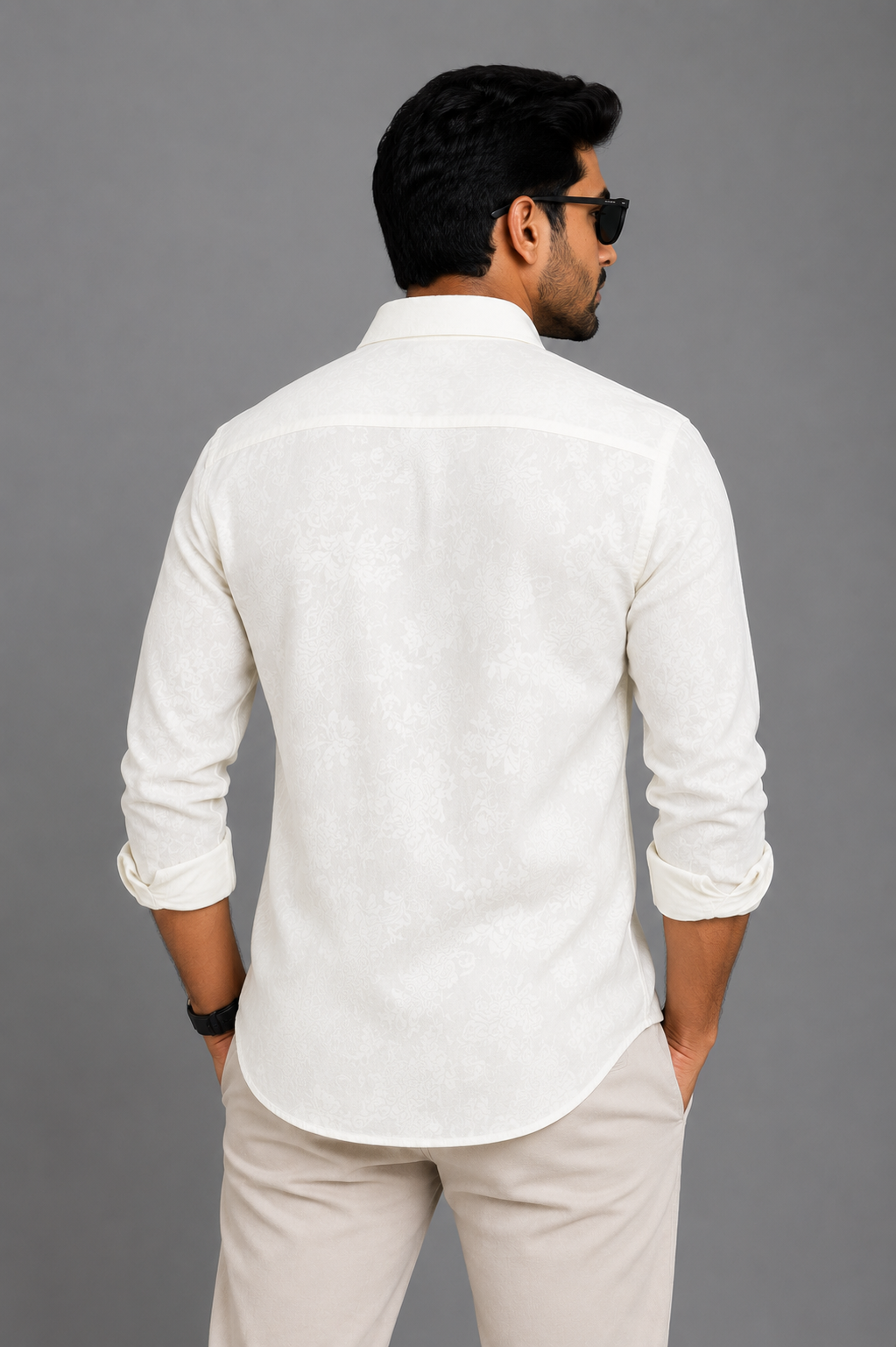 Teen Colours Men's White Plain Jacquard Gija Cotton Casual Shirt Full Sleeve Regular Fit