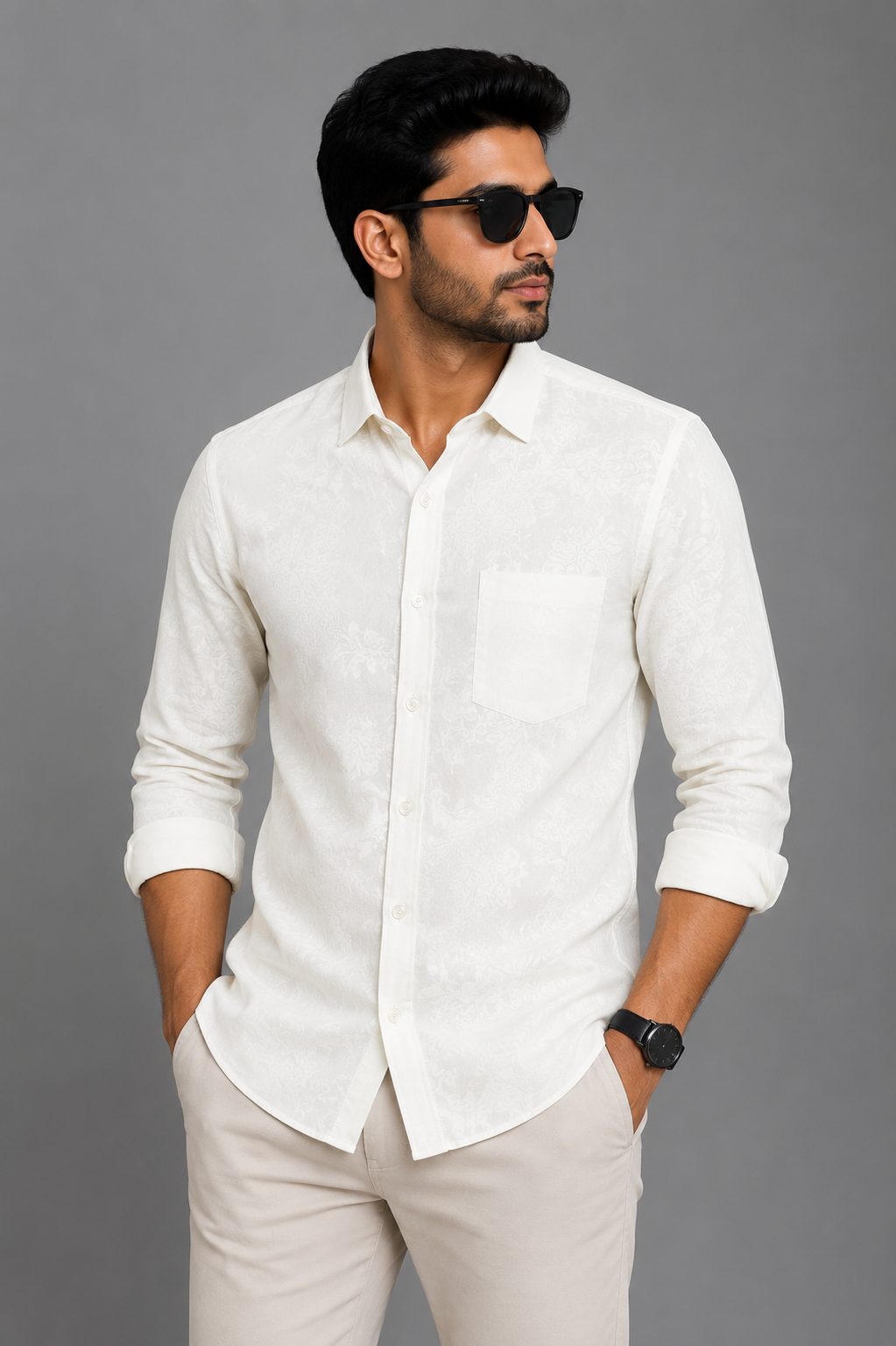 Teen Colours Men's White Plain Jacquard Gija Cotton Casual Shirt Full Sleeve Regular Fit