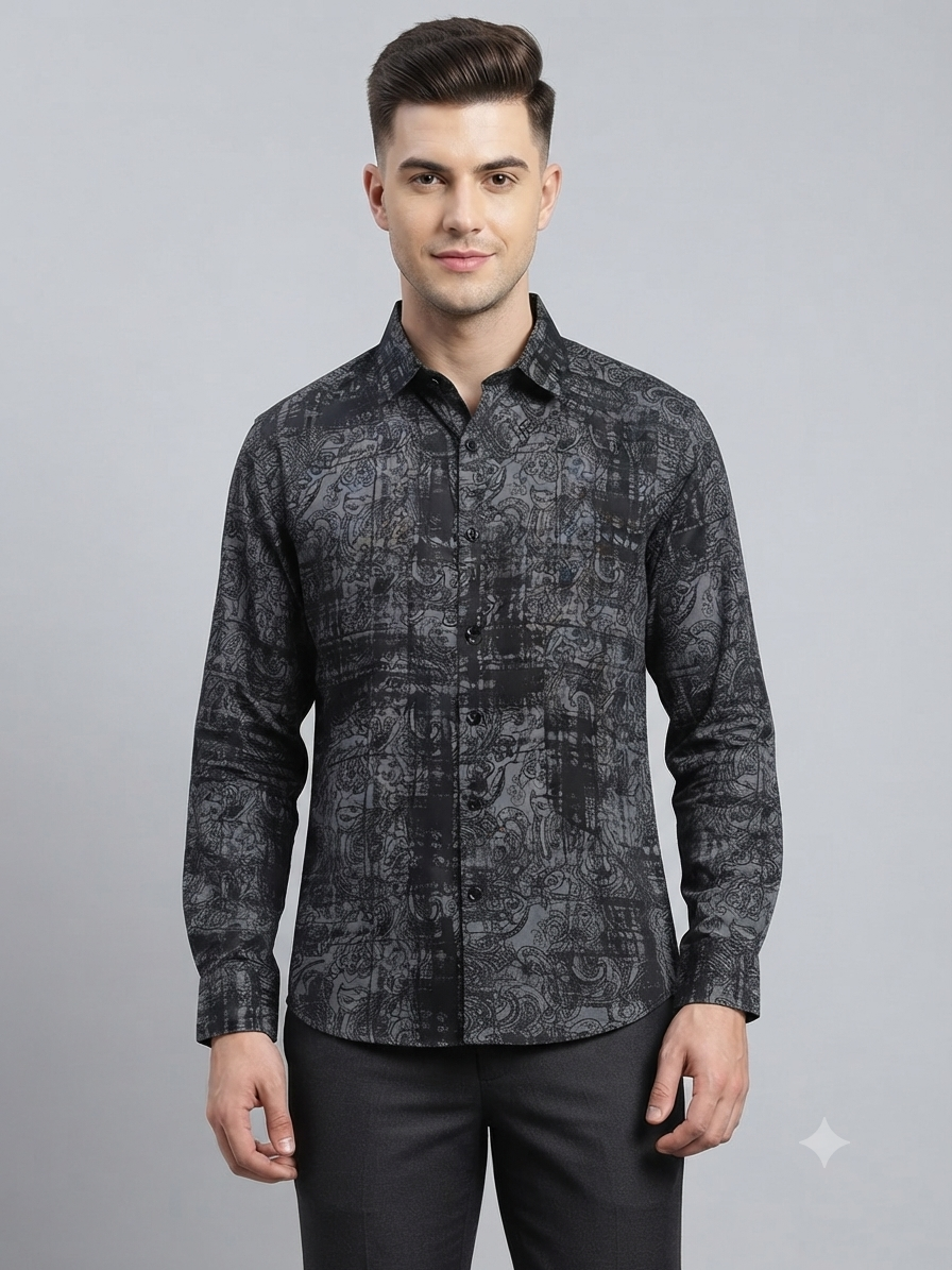Teen Colours Men's Black and Grey Printed Cotton Casual Shirt Full Sleeve Regular Fit