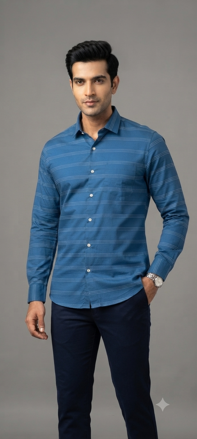Teen Colours Men's Navy Blue and White Striped Cotton Casual Shirt Full Sleeve Regular Fit