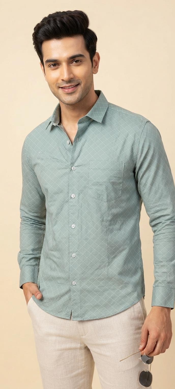 Teen Colours Men's Light Green Printed Gija Cotton Casual Shirt Full Sleeve Regular Fit