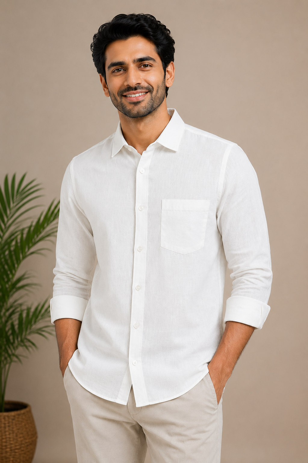 Teen Colours Men's White Plain Cotton Casual Shirt Full Sleeve