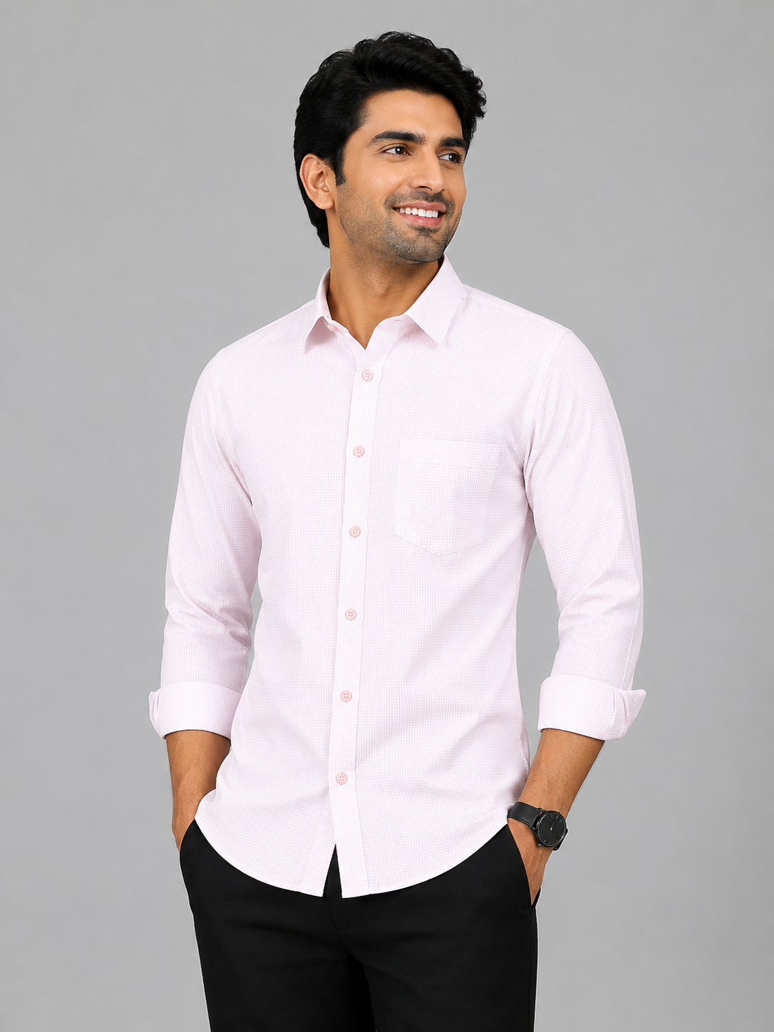 Teen Colours Men's Light Pink Small Checked Gija Cotton Casual Shirt Full Sleeve Regular Fit