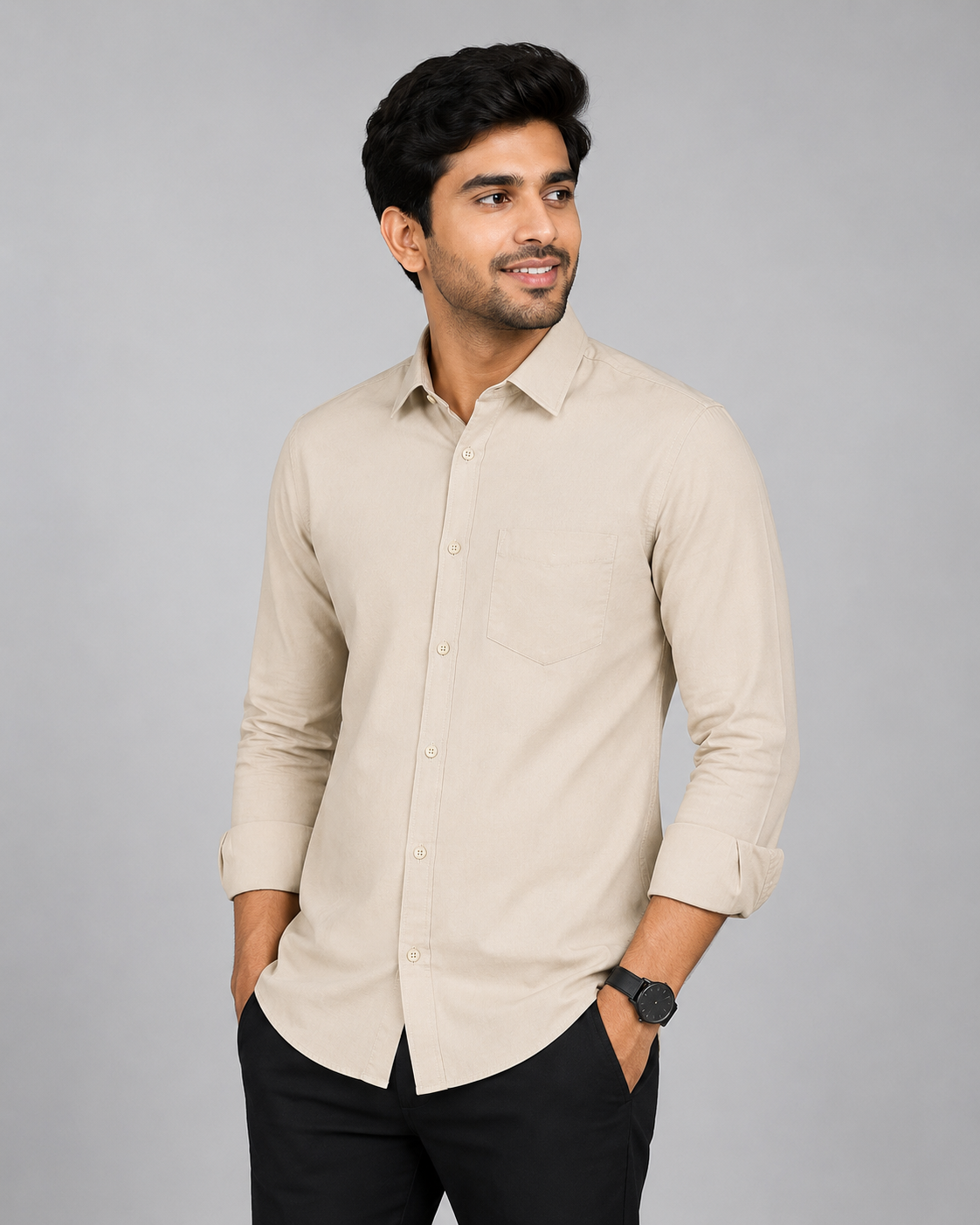 Teen Colours Men's Cream Plain Giza Cotton Casual Shirt Full Sleeve