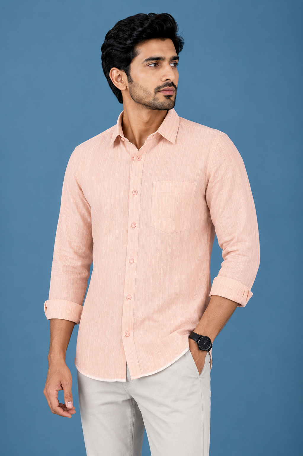 Teen Colours Men's Peach Plain Gija Cotton Casual Shirt Full Sleeve Regular Fit
