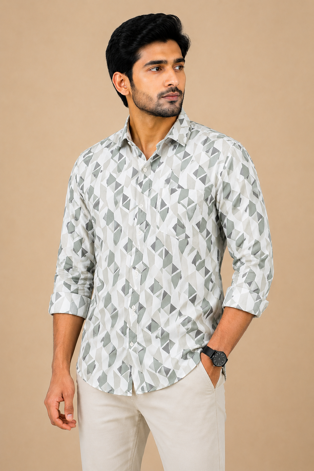 Teen Colours Men's White Grey Printed Cotton Casual Shirt Full Sleeve Regular Fit