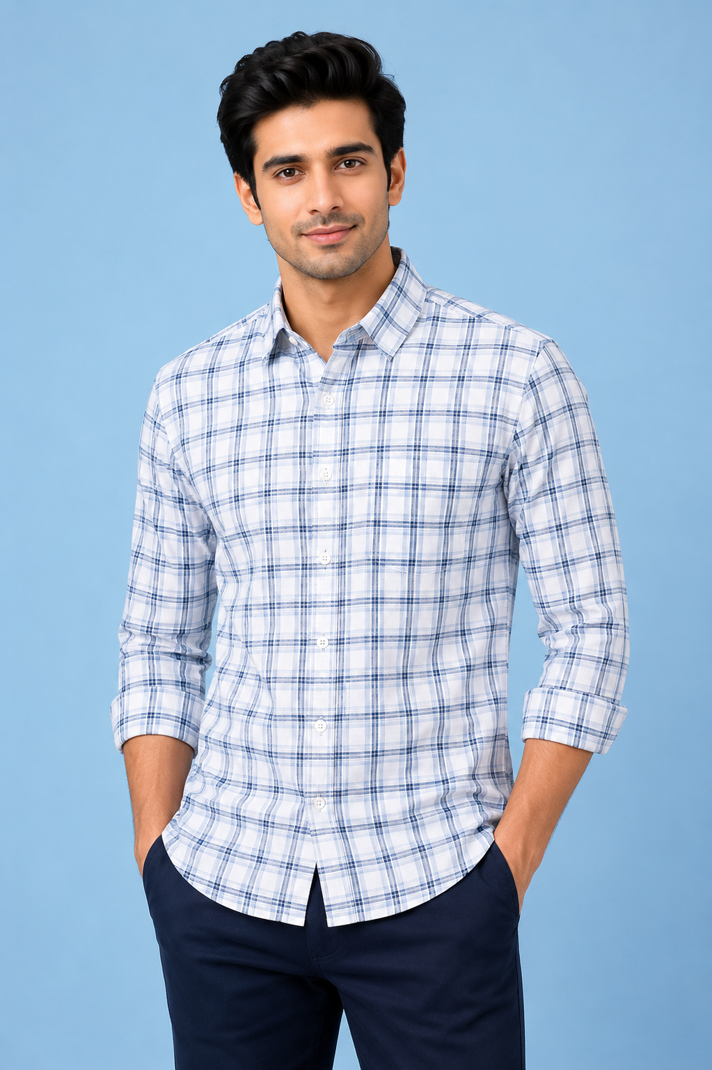 Teen Colours Men's Blue Checked Gija Cotton Casual Shirt Full Sleeve Regular Fit