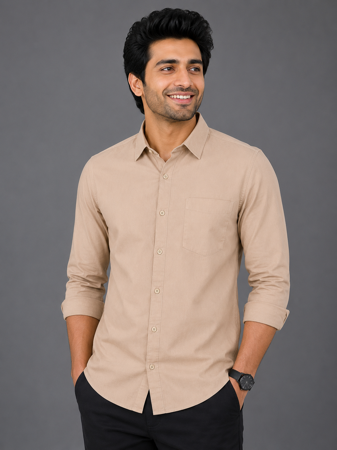 Teen Colours Men's Khaki Plain Cotton Casual Shirt Full Sleeve Regular Fit