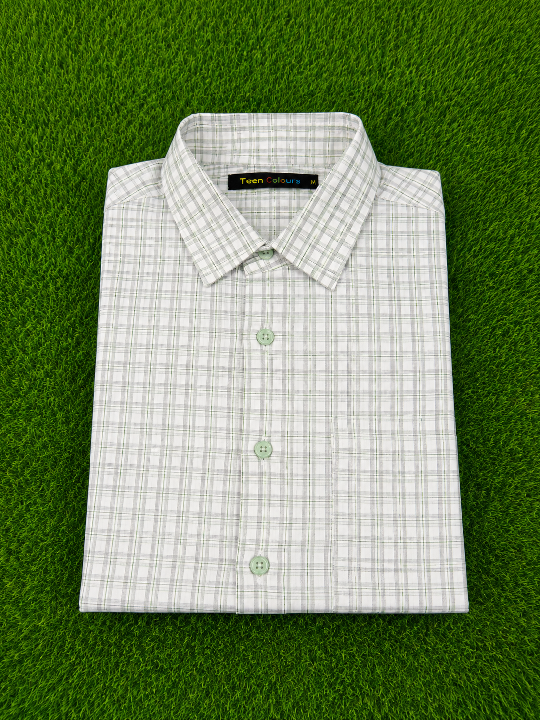 Teen Colours Men's Sage Green Checked Pattern Gija Cotton Casual Shirt Full Sleeve Regular Fit