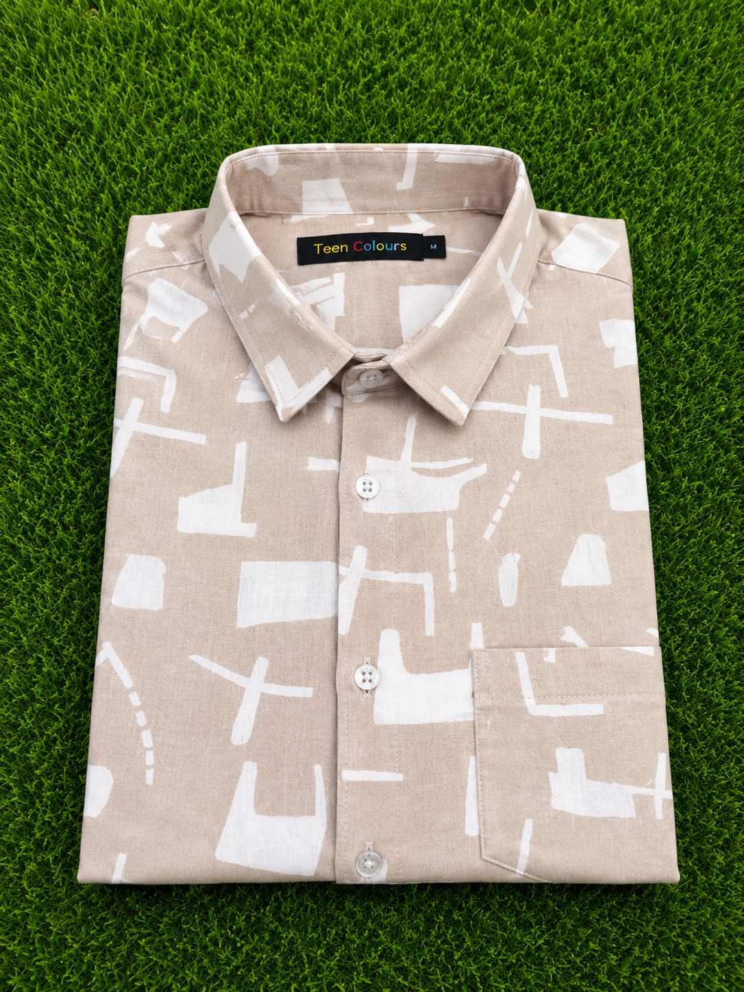 Teen Colours Men's Beige White Abstract Geometric Printed Cotton Casual Shirt Full Sleeve Regular Fit