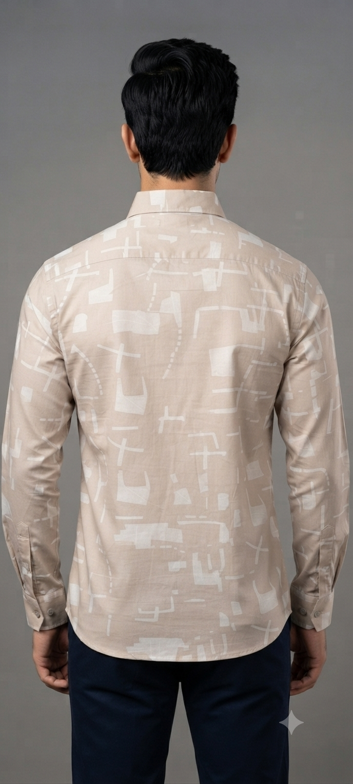 Teen Colours Men's Beige White Abstract Geometric Printed Cotton Casual Shirt Full Sleeve Regular Fit