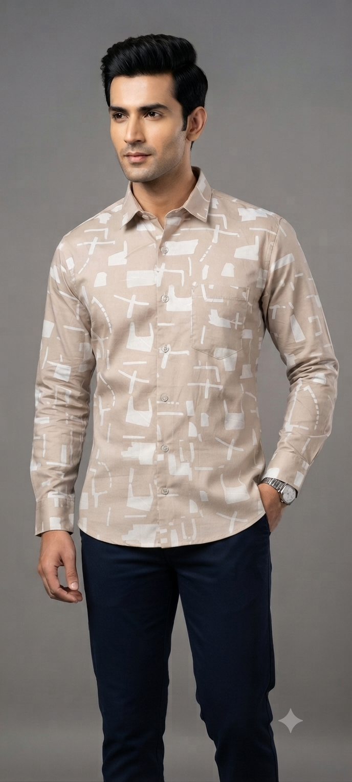 Teen Colours Men's Beige White Abstract Geometric Printed Cotton Casual Shirt Full Sleeve Regular Fit