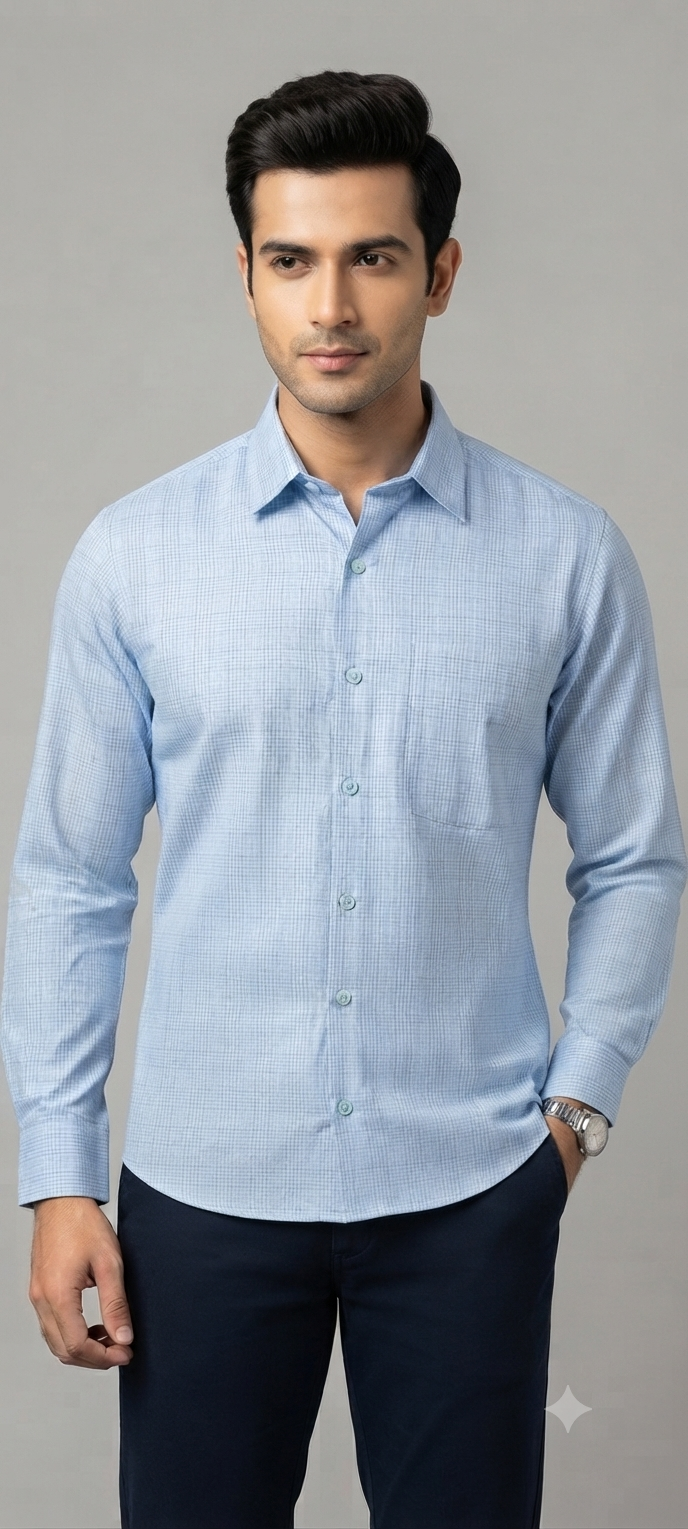 Teen Colours Men's Light Blue Check Pattern Cotton Casual Shirt Full Sleeve Regular Fit