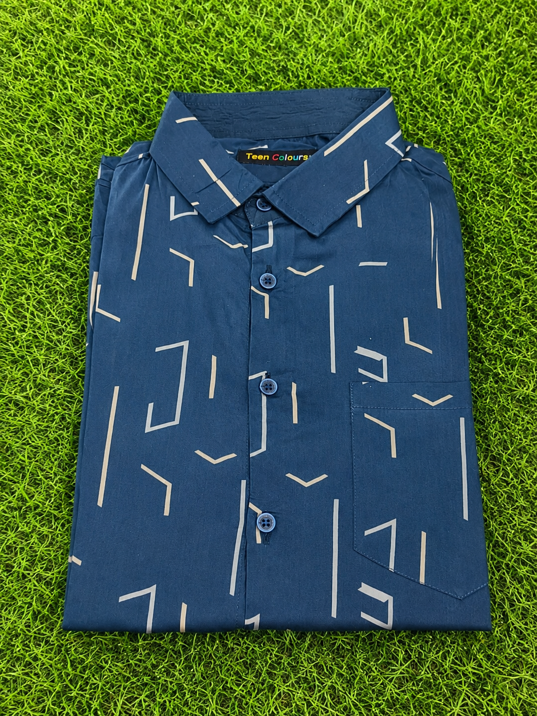 Teen Colours Men's Dark Blue Geometric Line Printed Cotton Casual Shirt Full Sleeve Regular Fit