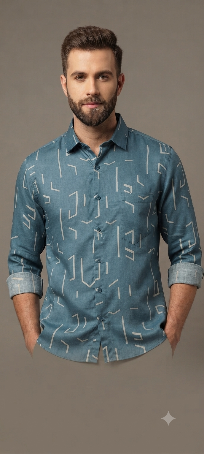 Teen Colours Men's Dark Blue Geometric Line Printed Cotton Casual Shirt Full Sleeve Regular Fit