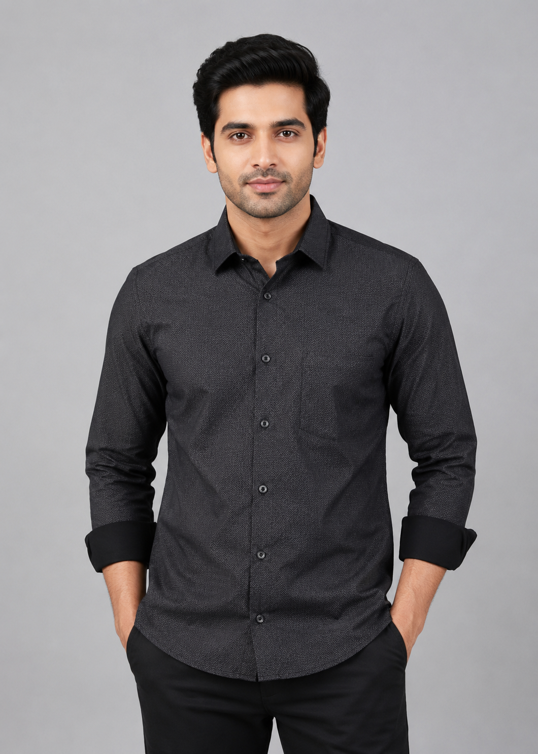 Teen Colours Men's Black Jacquard Gija Cotton Casual plain Shirt Full Sleeve Regular Fit