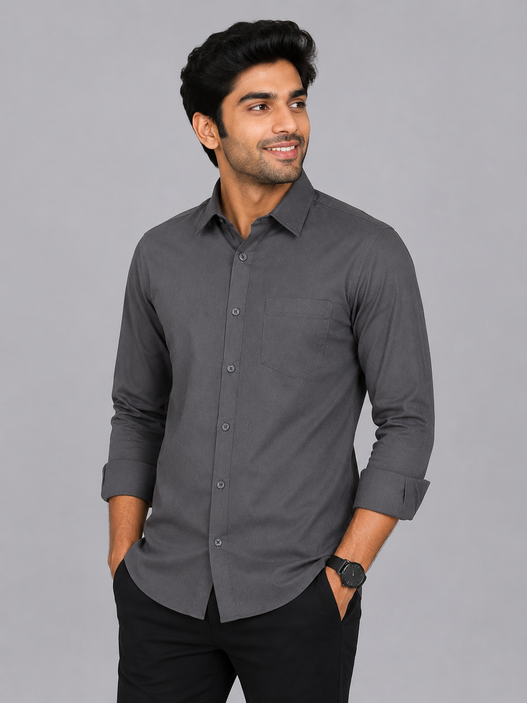 Teen Colours Men's Grey Solid Gija Cotton Casual plain Shirt Full Sleeve Regular Fit