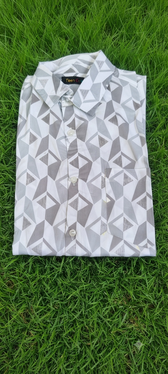Teen Colours Men's Grey Geometric Printed Cotton Casual Shirt Full Sleeve Regular Fit