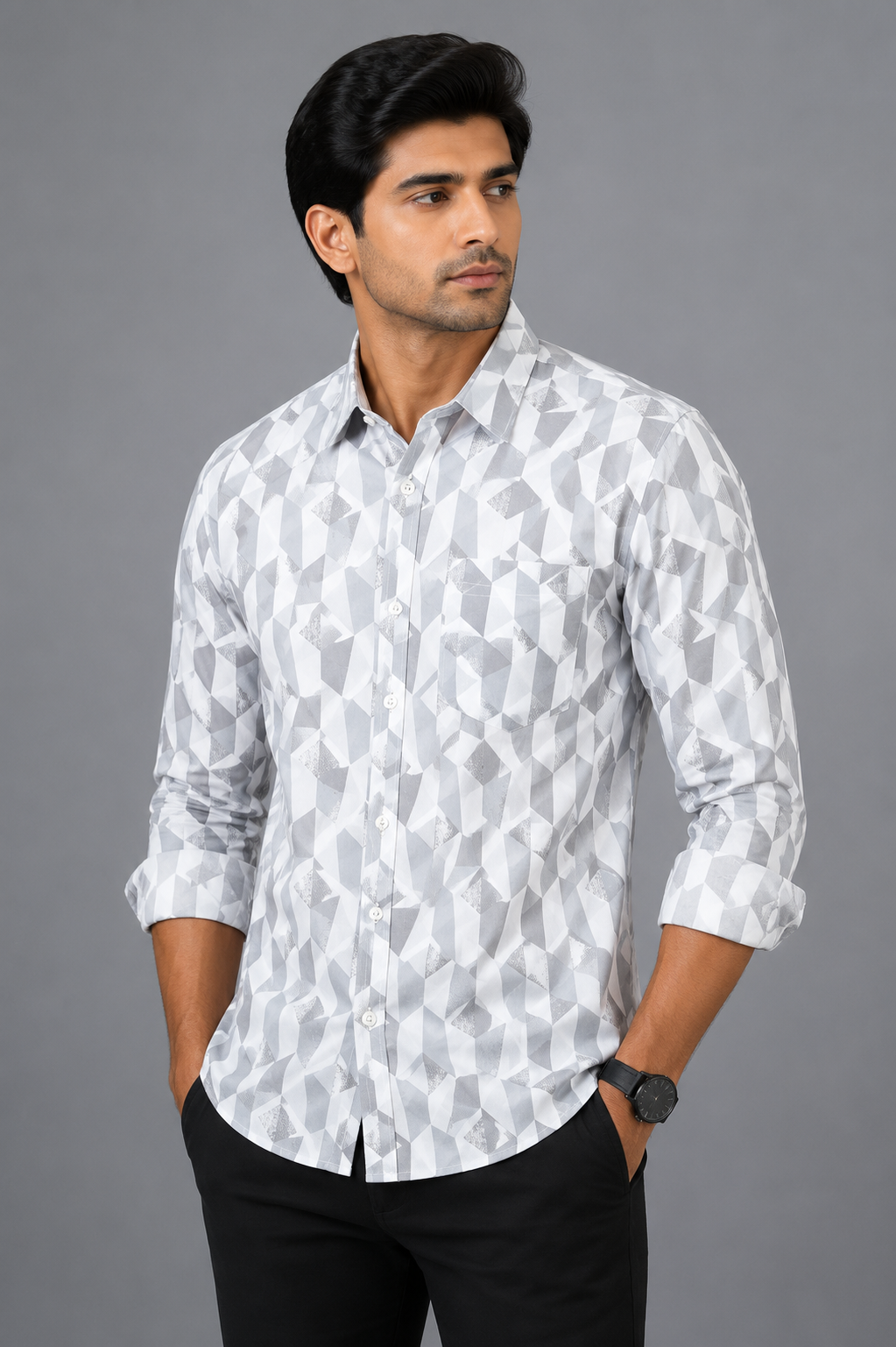 Teen Colours Men's Grey Geometric Printed Cotton Casual Shirt Full Sleeve Regular Fit