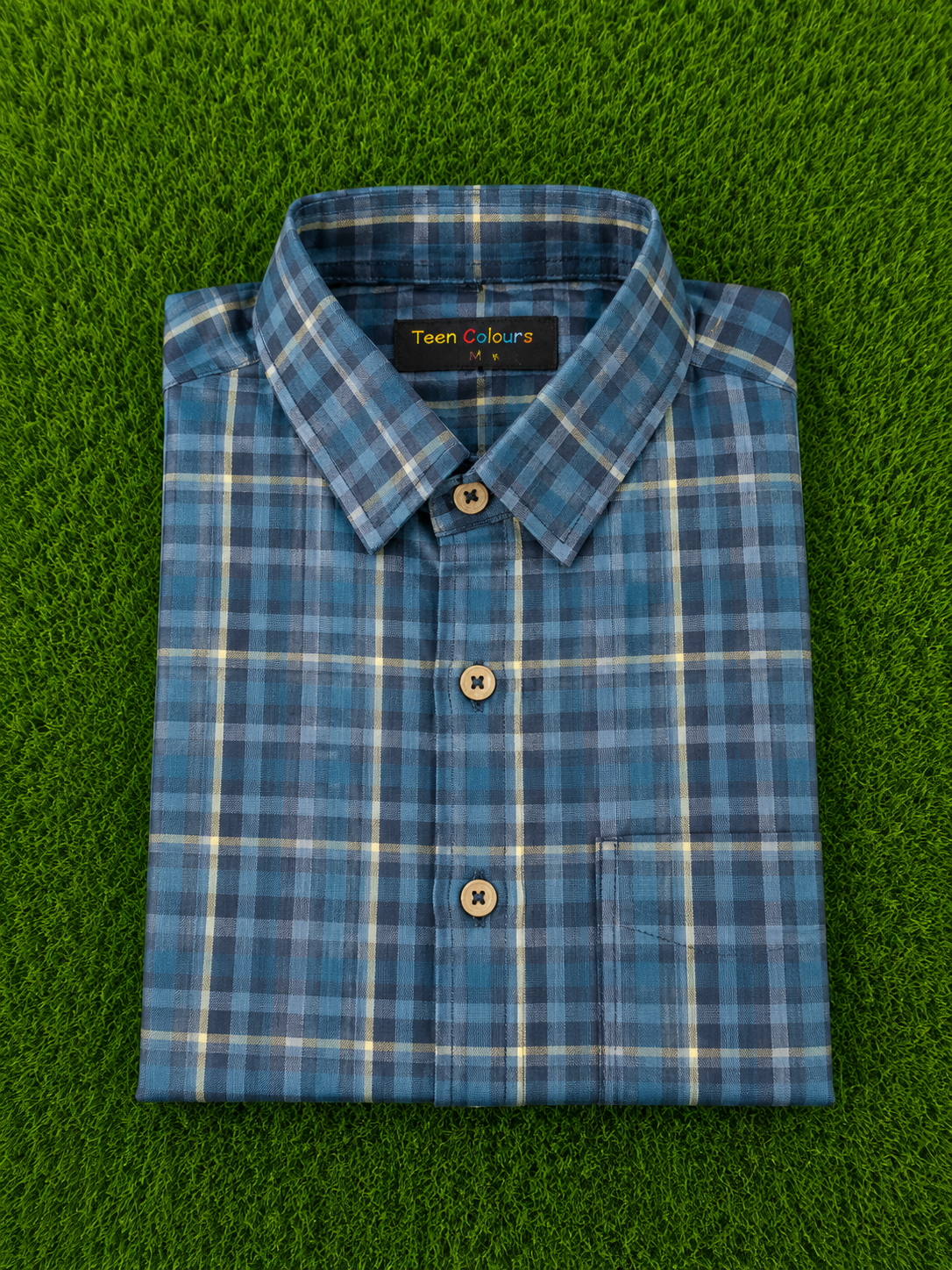 Teen Colours Men's Dark Green and Navy Blue Checked Pattern Gija Cotton Casual Shirt Full Sleeve Regular Fit
