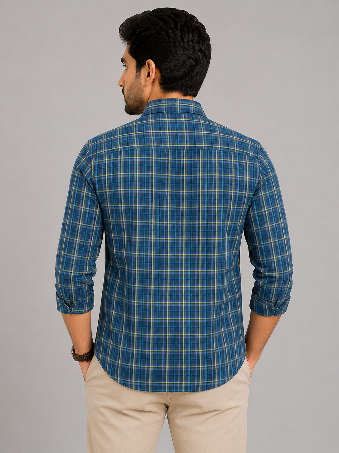 Teen Colours Men's Dark Green and Navy Blue Checked Pattern Gija Cotton Casual Shirt Full Sleeve Regular Fit