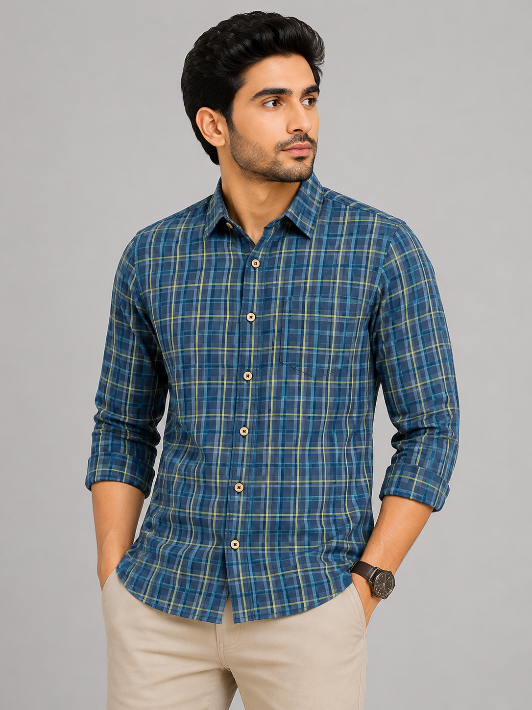 Teen Colours Men's Dark Green and Navy Blue Checked Pattern Gija Cotton Casual Shirt Full Sleeve Regular Fit