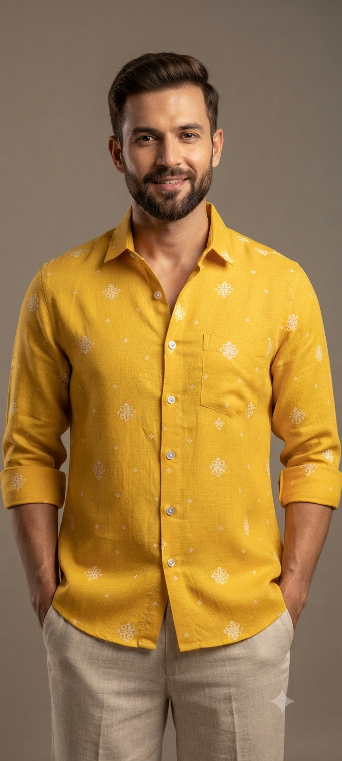 Teen Colours Men's Yellow and White Printed Rayon Casual Shirt Full Sleeve Regular Fit