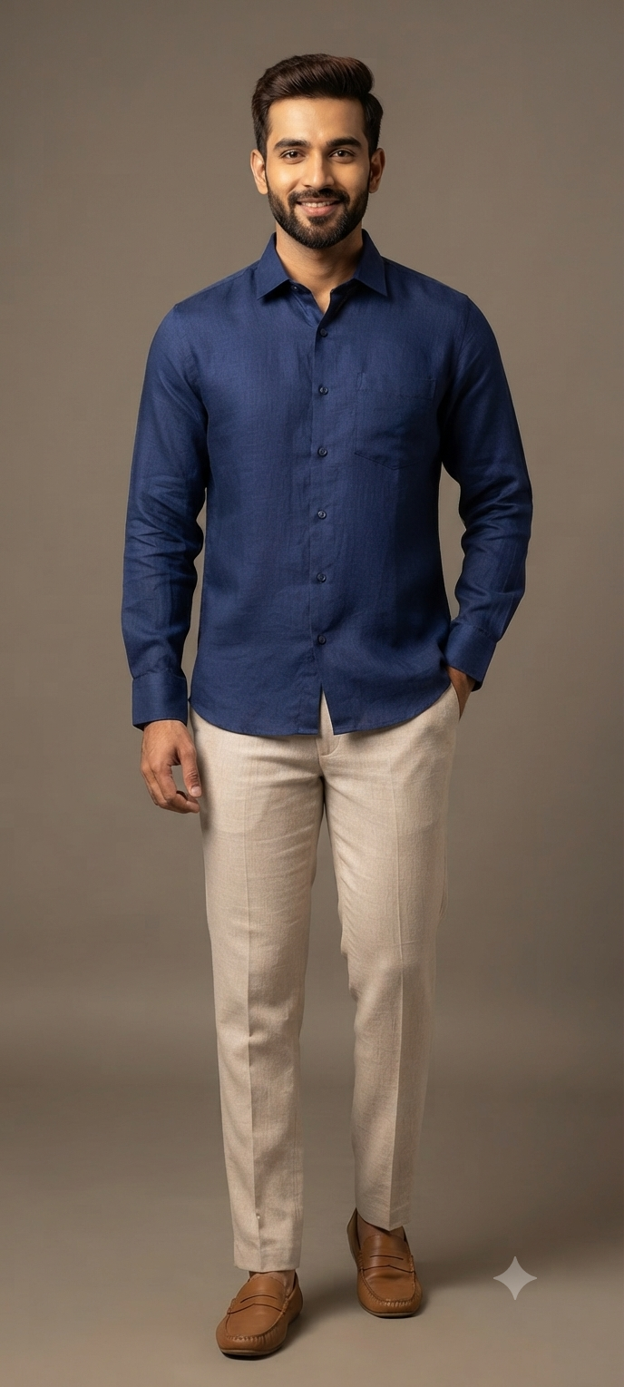 Teen Colours Men's Navy Blue Plain Gija Cotton Casual Shirt Full Sleeve Regular Fit