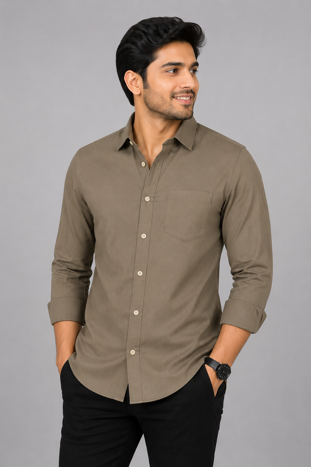 Teen Colours Men's Khaki Plain Gija Cotton Casual Shirt Full Sleeve Regular Fit