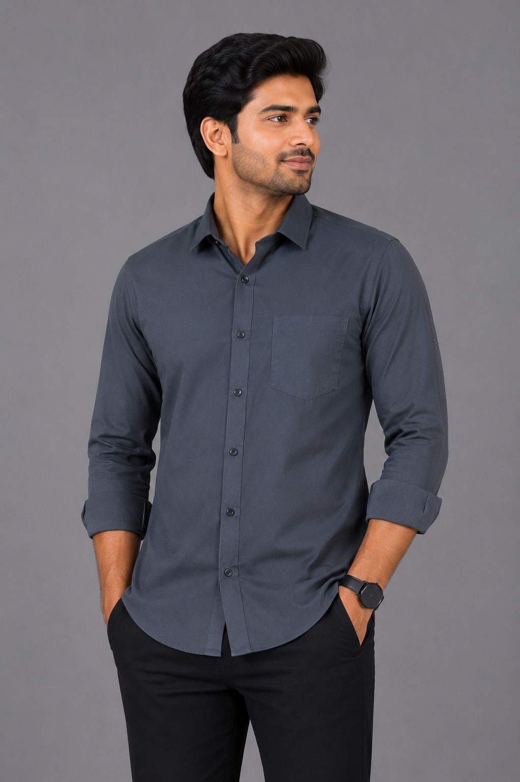 Teen Colours Men's Dark Grey Plain Gija Cotton Casual Shirt Full Sleeve Regular Fit