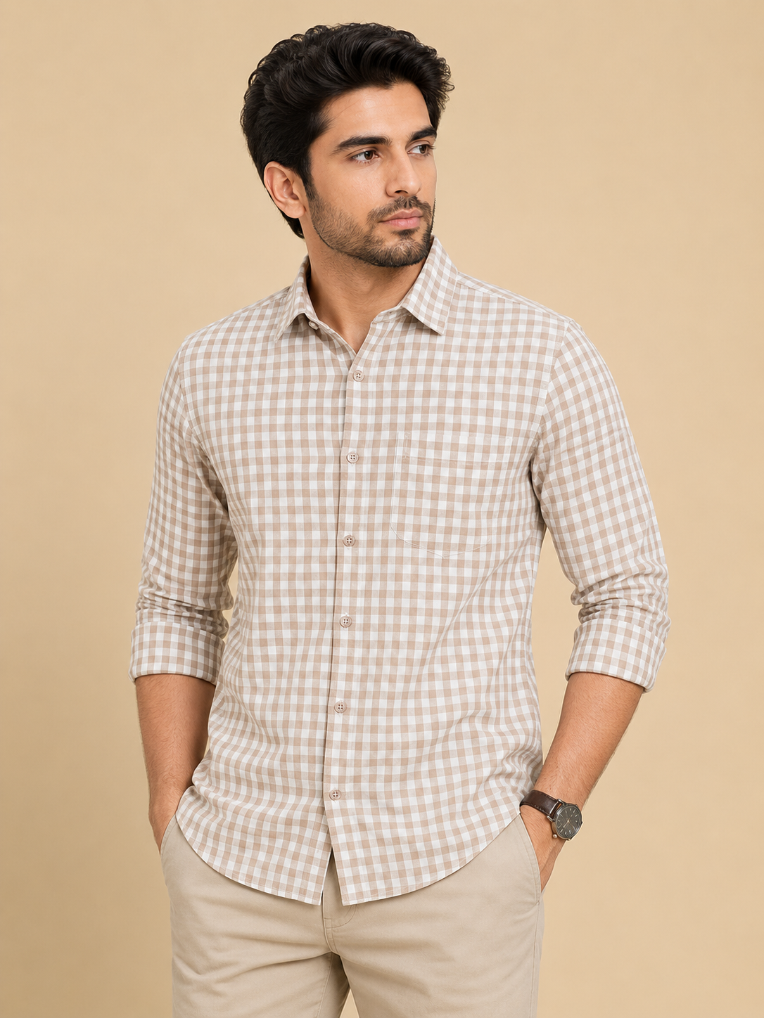 Teen Colours Men's Beige and White Checked Pattern Cotton Casual Shirt Full Sleeve Regular Fit