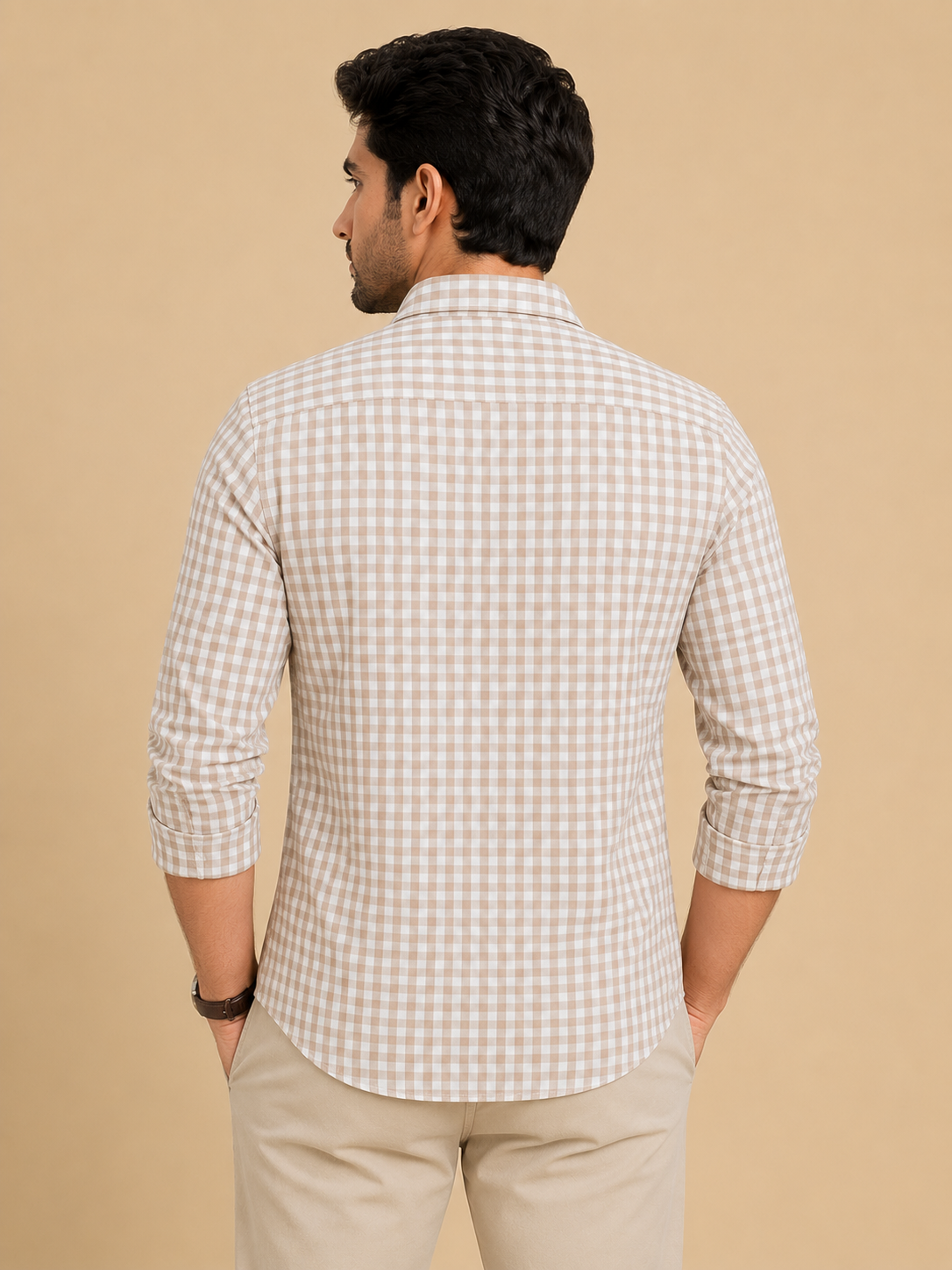Teen Colours Men's Beige and White Checked Pattern Cotton Casual Shirt Full Sleeve Regular Fit