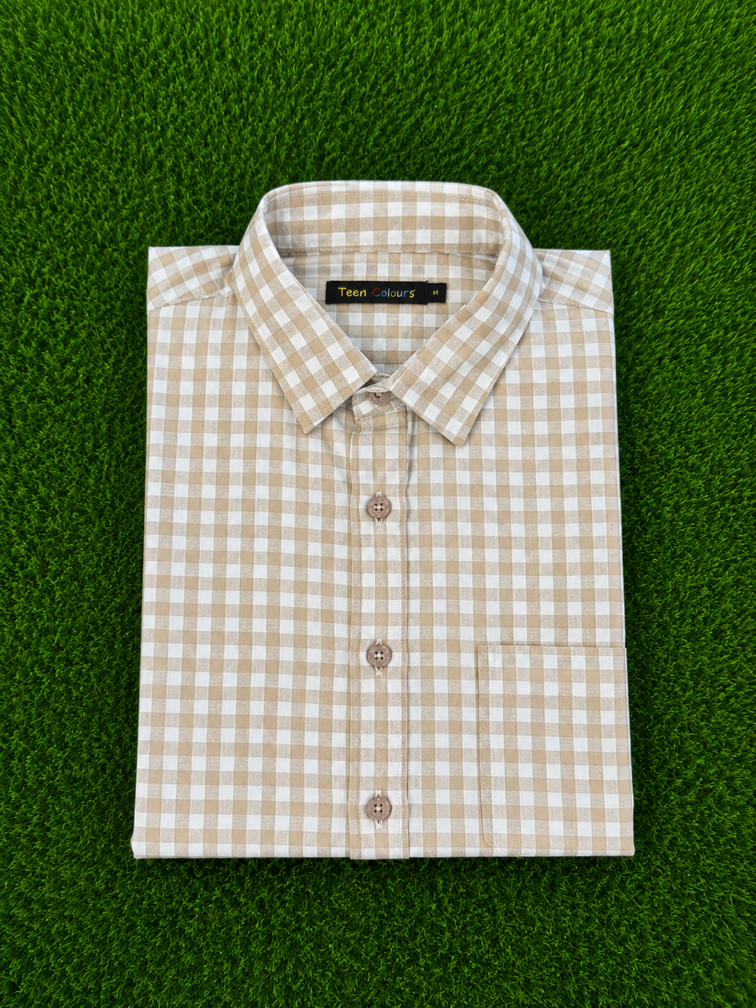 Teen Colours Men's Beige and White Checked Pattern Cotton Casual Shirt Full Sleeve Regular Fit