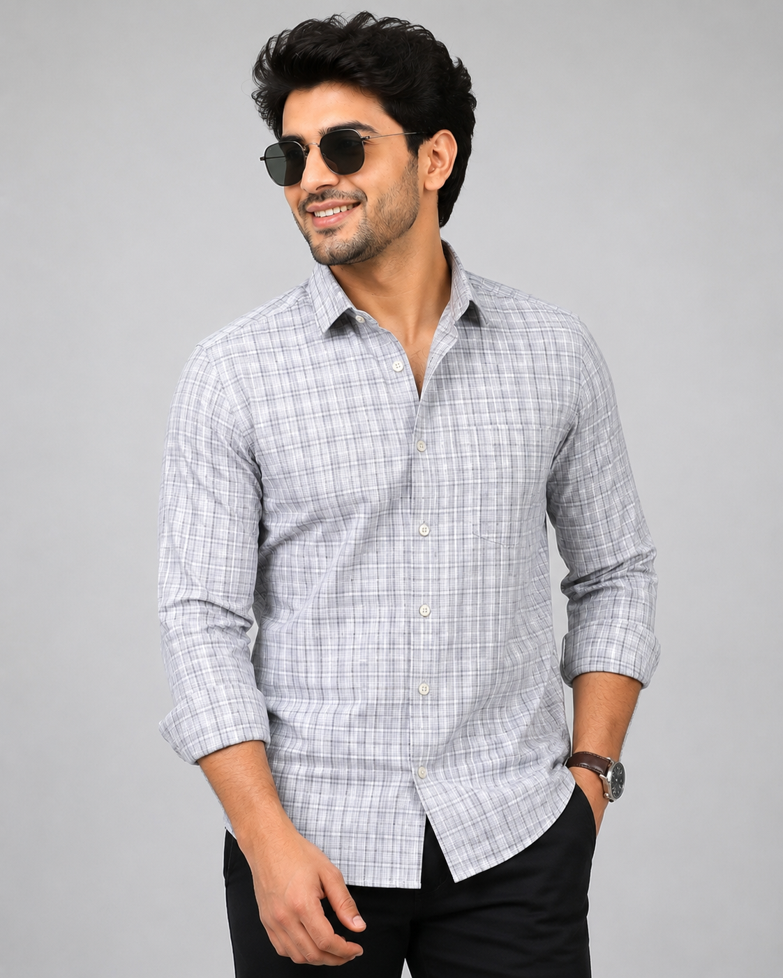 Teen Colours Men's White and Grey Plain Gija Cotton Casual Shirt Full Sleeve Regular Fit