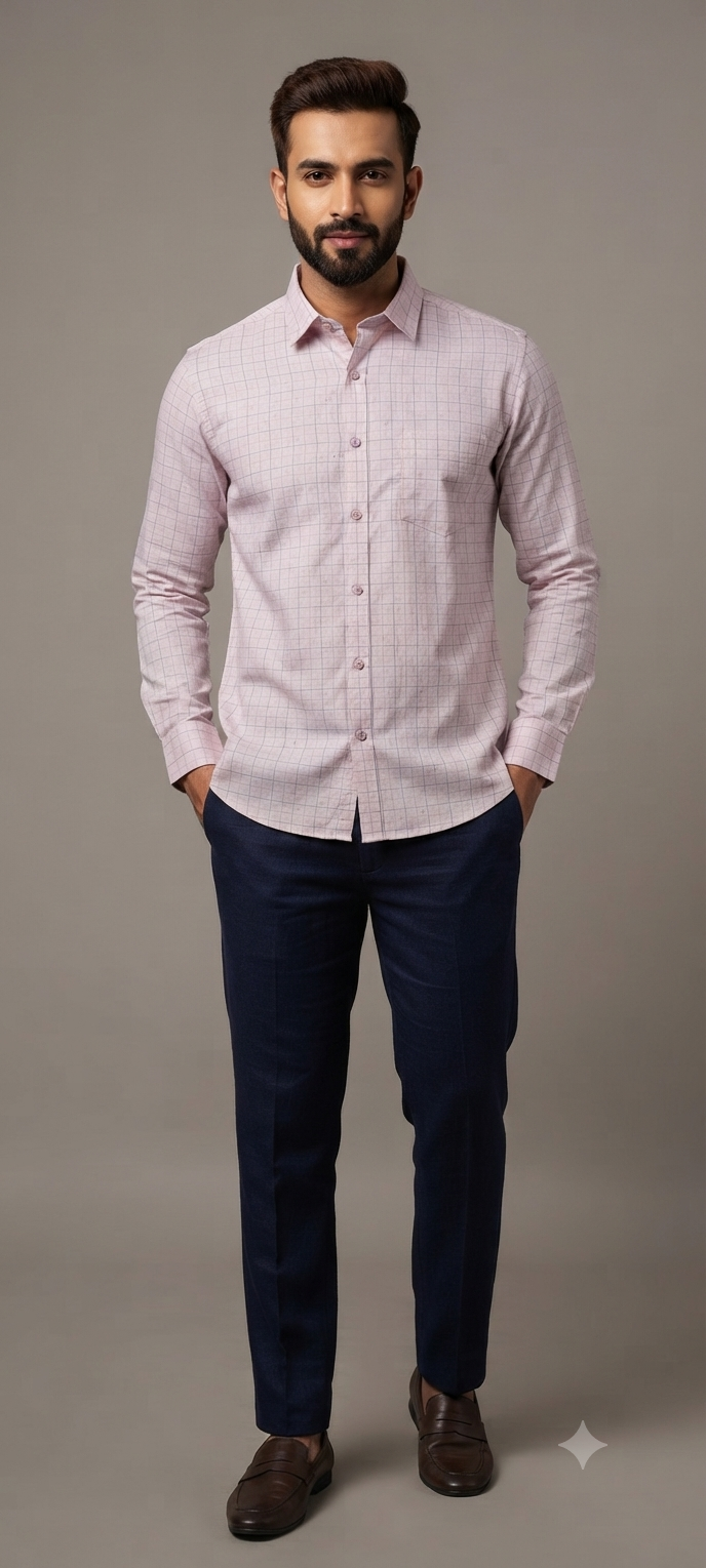 Teen Colours Men's Pale Pink Triangle Grid Check Pattern Gija Cotton Casual Shirt Full Sleeve Regular