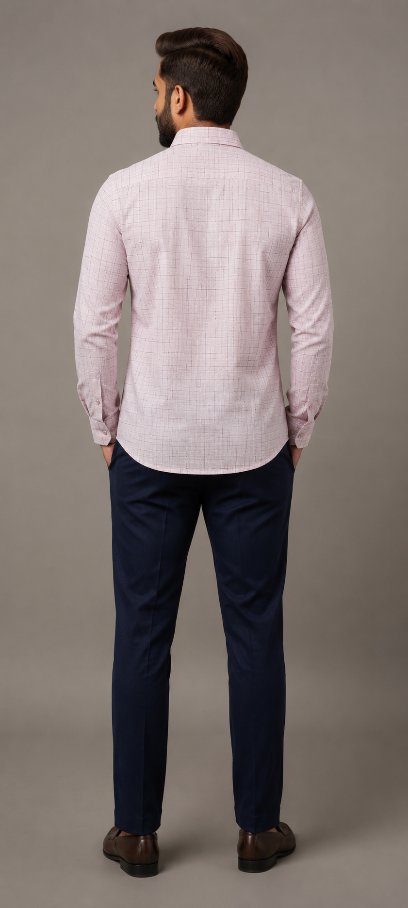Teen Colours Men's Pale Pink Triangle Grid Check Pattern Gija Cotton Casual Shirt Full Sleeve Regular