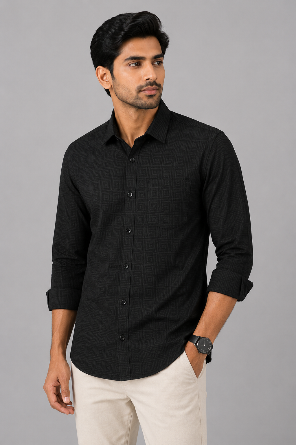 Teen Colours Men's Black Plain Jacquard Gija Cotton Casual Shirt Full Sleeve Regular Fit