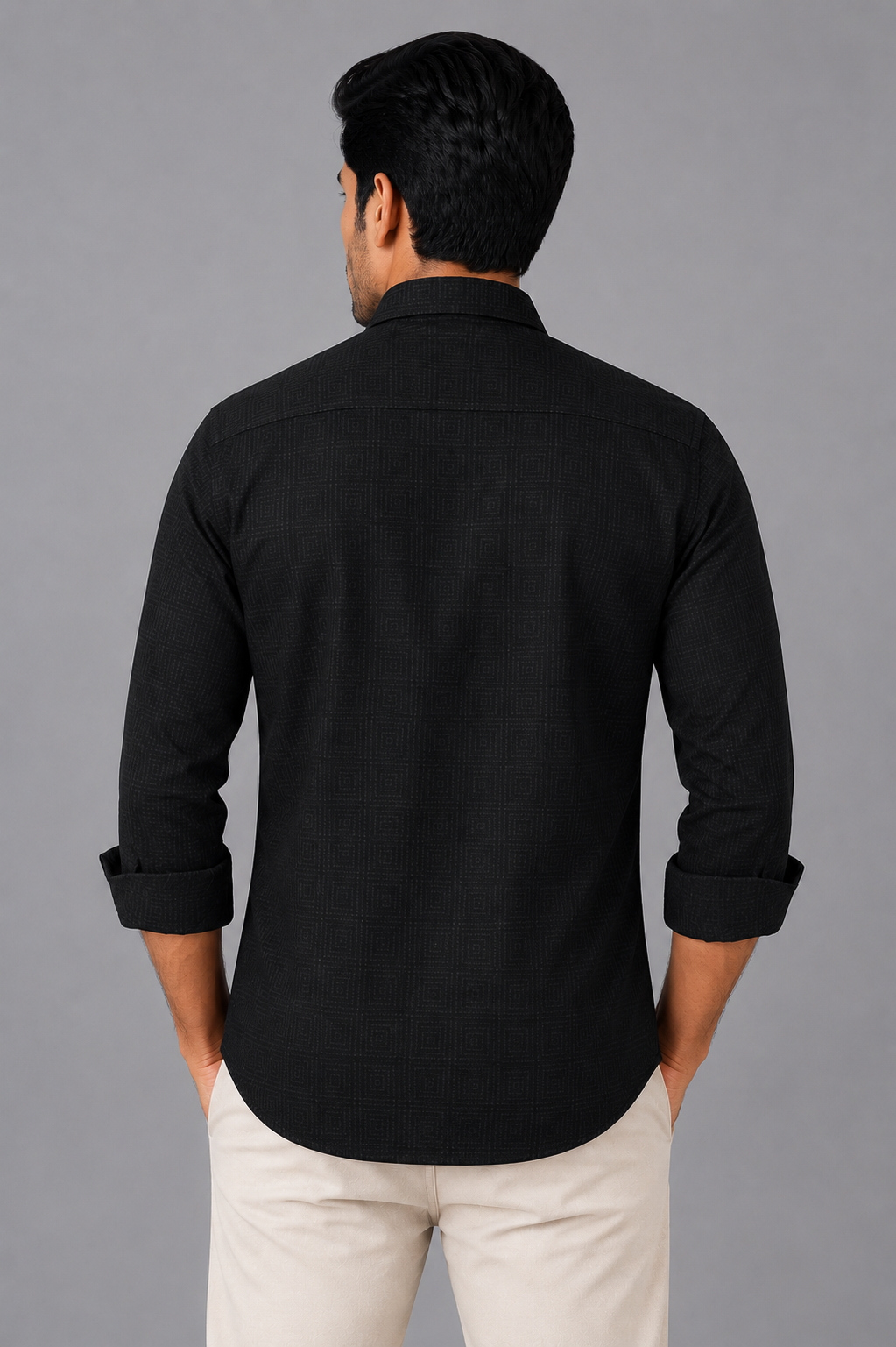 Teen Colours Men's Black Plain Jacquard Gija Cotton Casual Shirt Full Sleeve Regular Fit