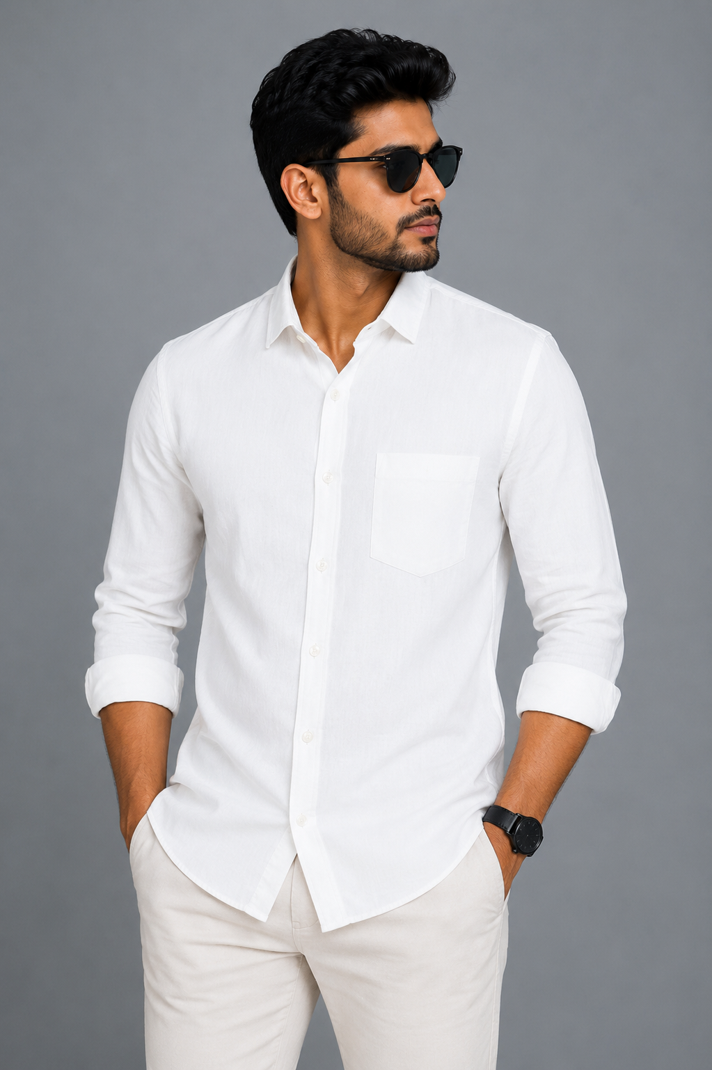 Teen Colours Men's White Plain Jacquard Gija Cotton Casual Shirt Full Sleeve