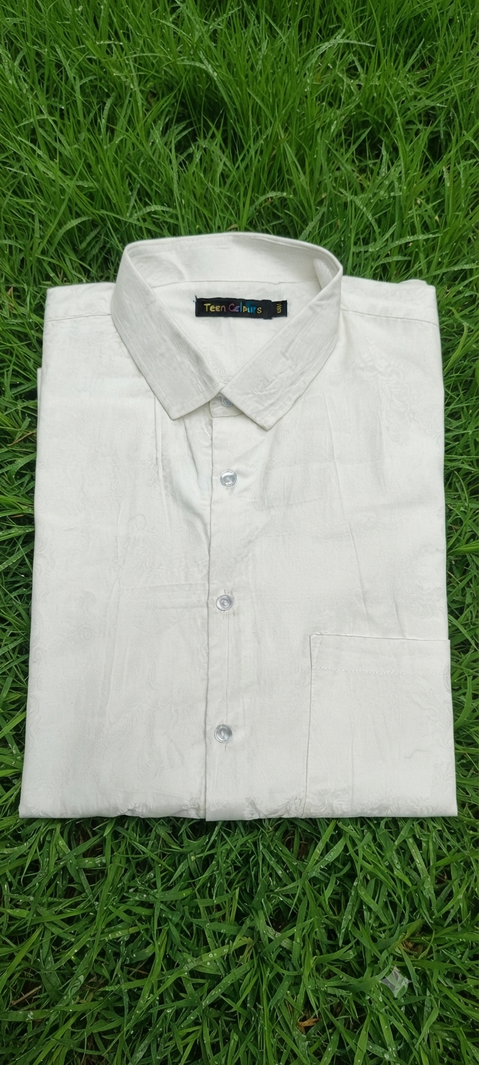 Teen Colours Men's White Plain Jacquard Gija Cotton Casual Shirt Full Sleeve