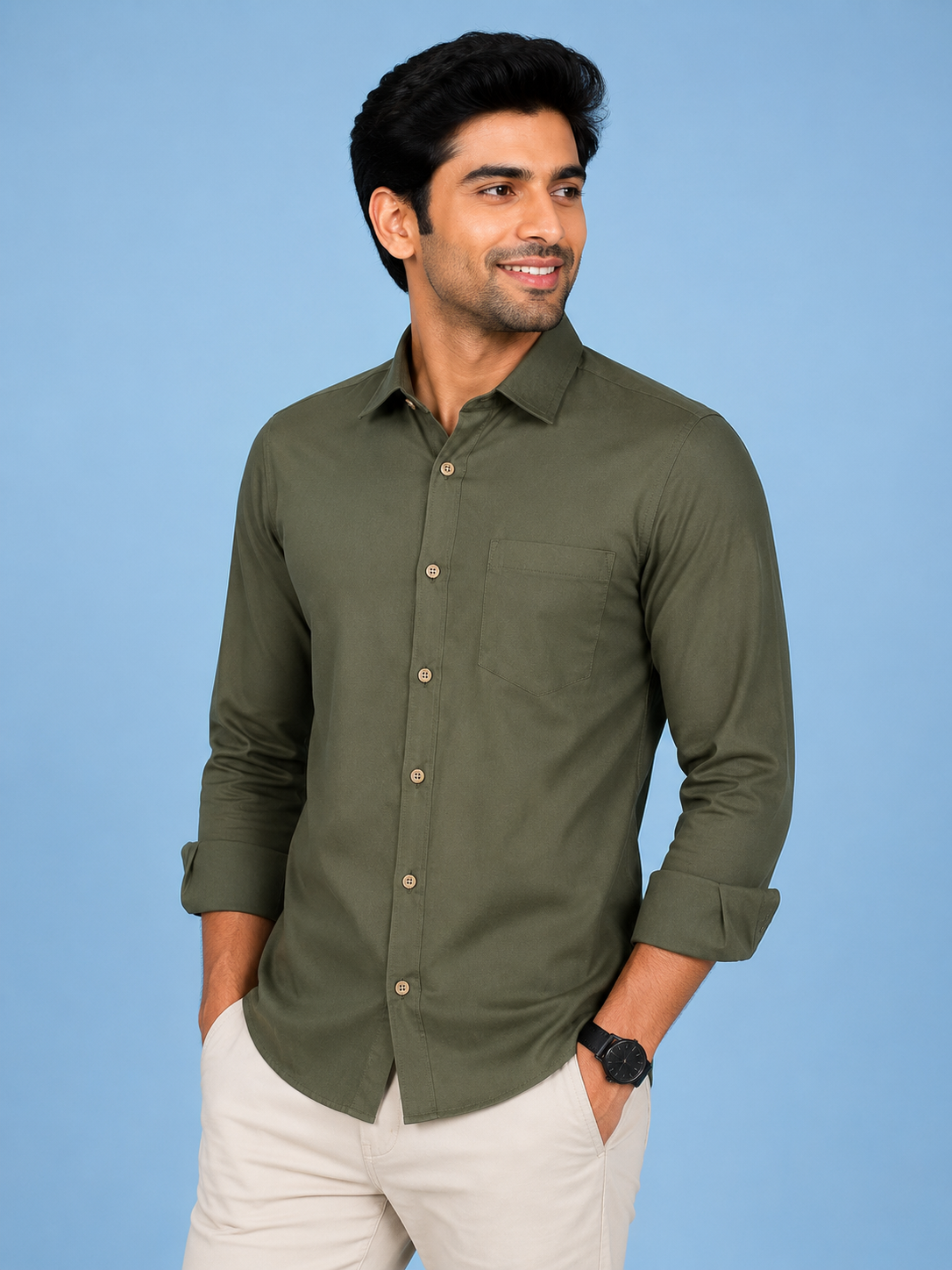 Teen Colours Men's Green Solid Gija Cotton Casual plain Shirt Full Sleeve Regular Fit