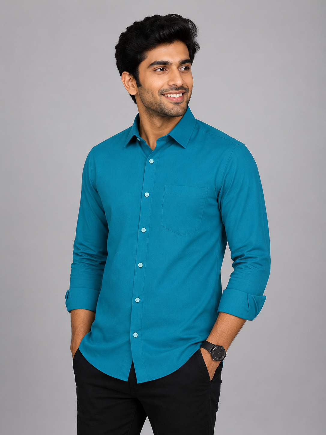 Teen Colours Men's Teal Green Solid Gija Cotton Casual plain Shirt Full Sleeve Regular Fit