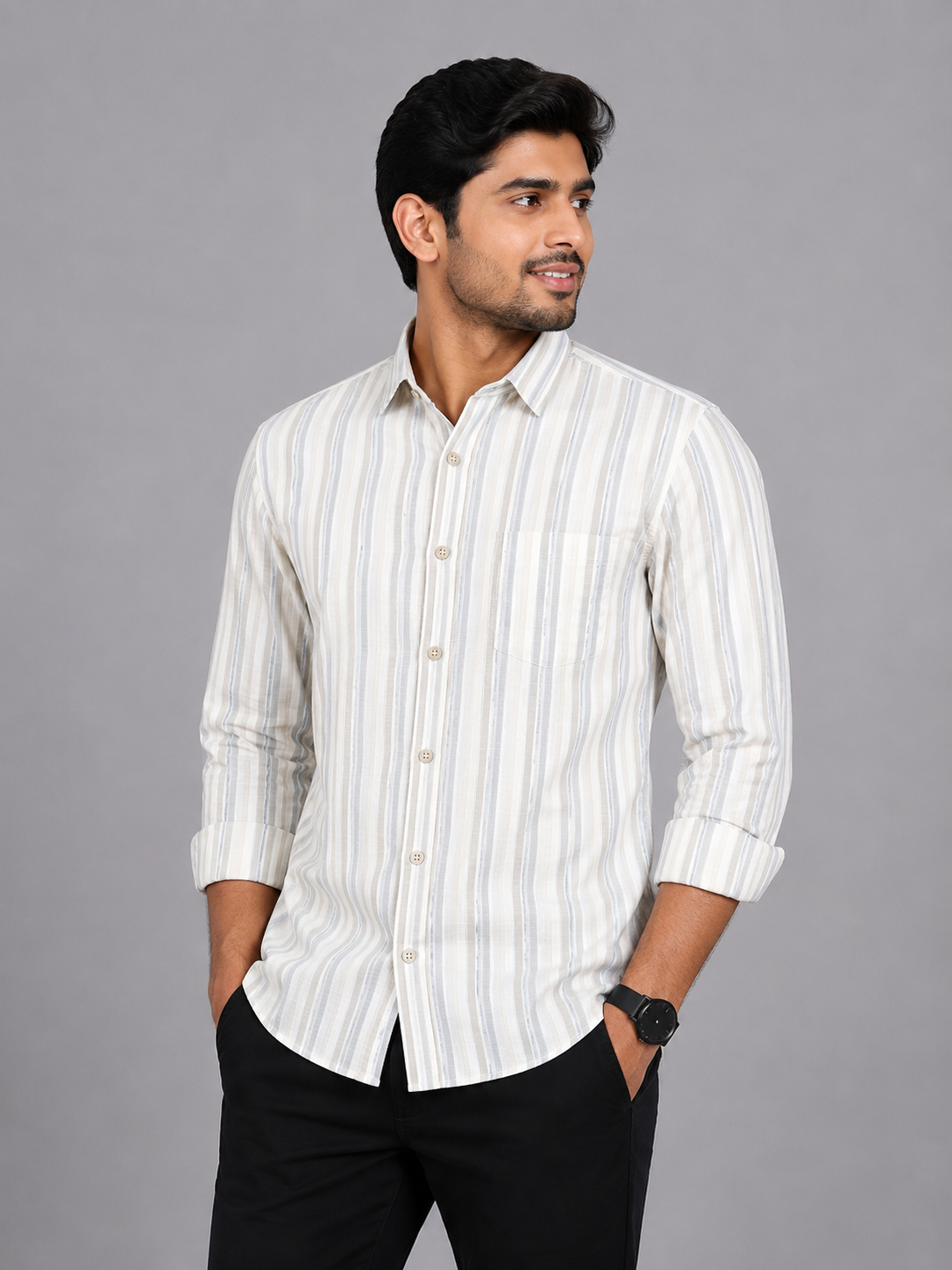 Teen Colours Men's Cream Striped Gija Cotton Casual plain Shirt Full Sleeve Regular Fit