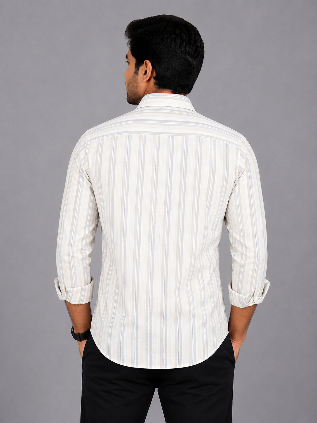 Teen Colours Men's Cream Striped Gija Cotton Casual plain Shirt Full Sleeve Regular Fit