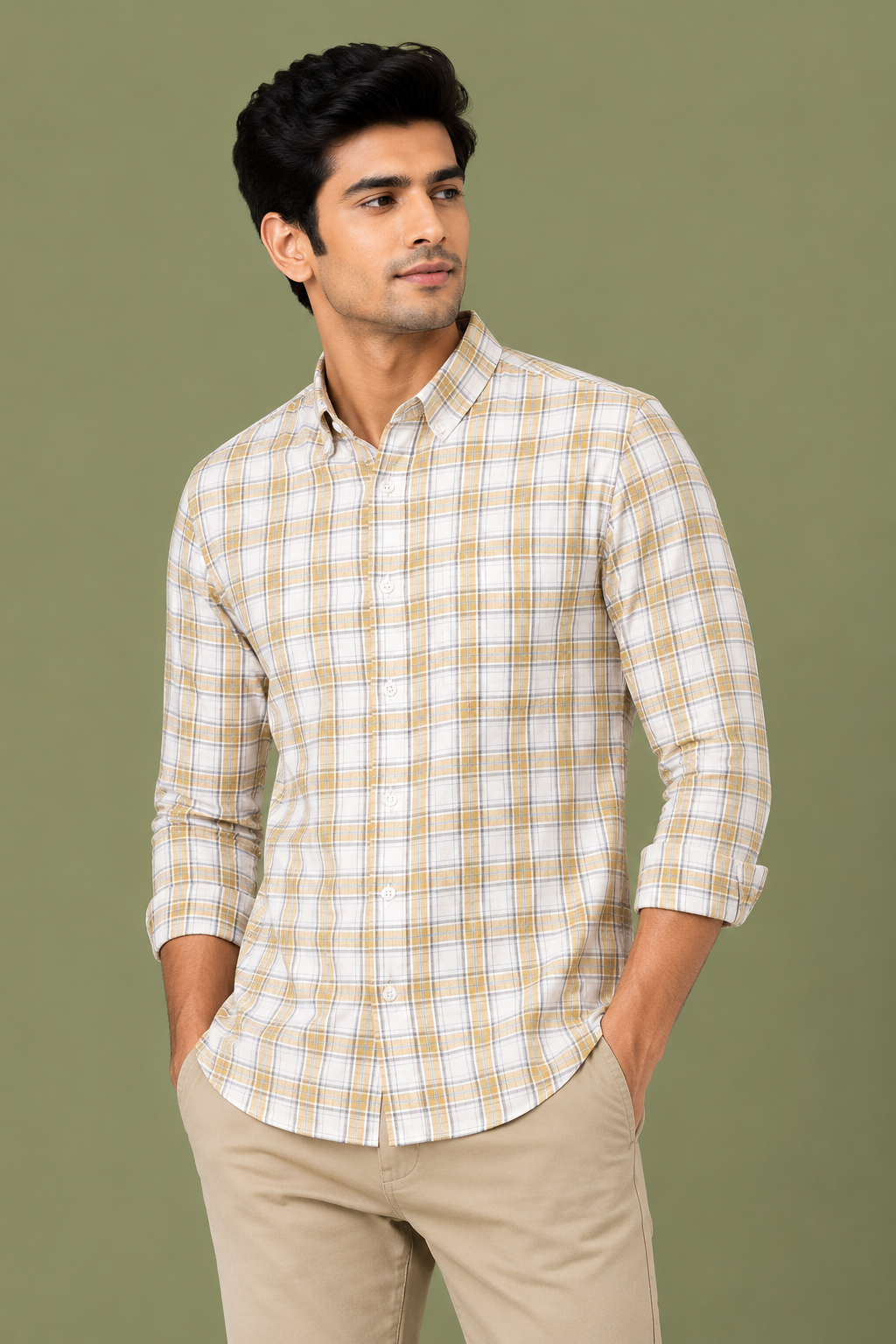Teen Colours Men's Yellow and White Checked Gija Cotton Casual Shirt Full Sleeve Regular Fit
