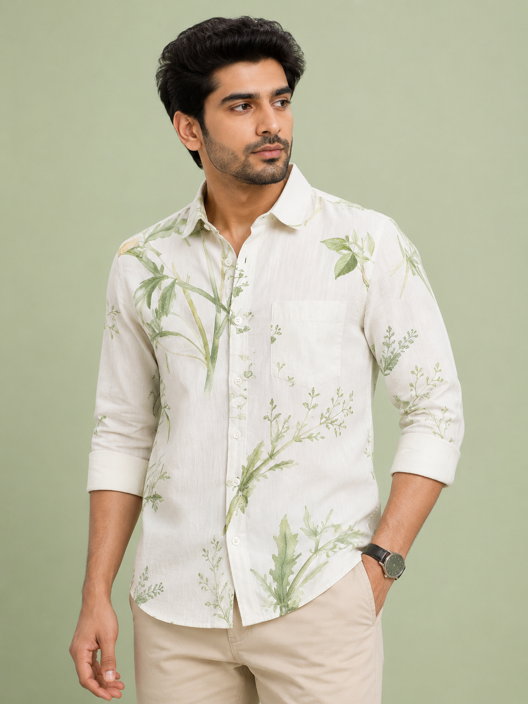 Teen Colours Men's Green Botanical Printed Cotton Casual Shirt Full Sleeve Regular Fit