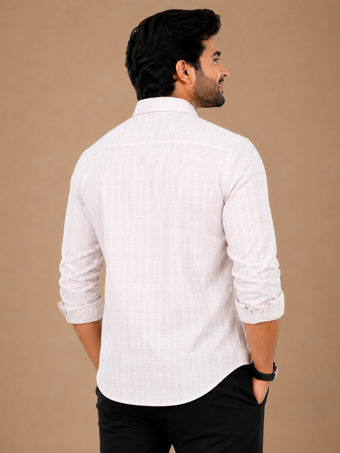 Teen Colours Men's Pastel Pink and Grey Checked Pattern Gija Cotton Casual Shirt Full Sleeve Regular