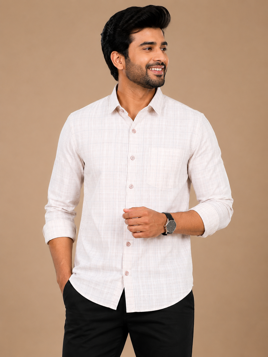 Teen Colours Men's Pastel Pink and Grey Checked Pattern Gija Cotton Casual Shirt Full Sleeve Regular