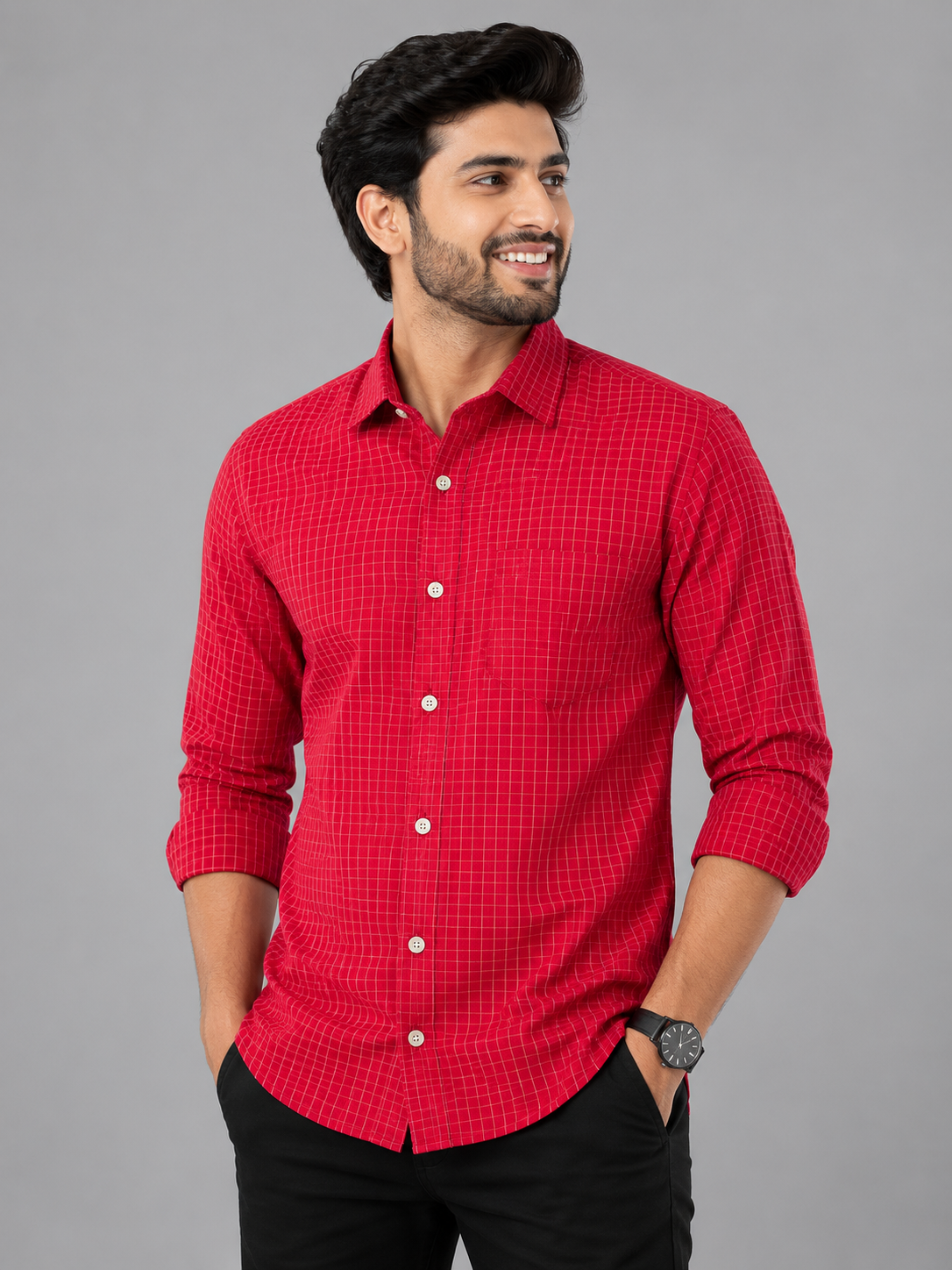 Teen Colours Men's Brick Red Small Check Cotton Casual Shirt Full Sleeve Regular Fit