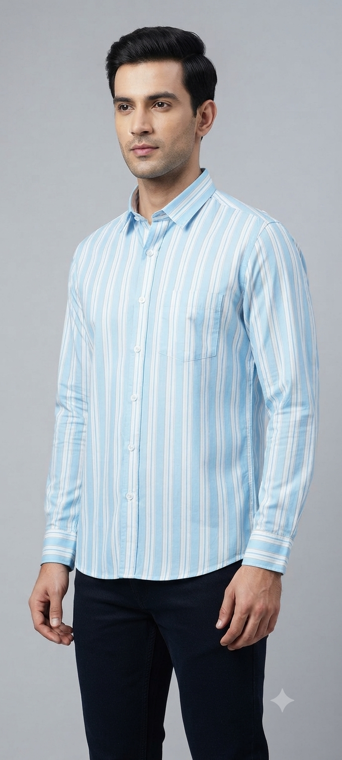 Teen Colours Men's Light Blue and White Vertical Striped Cotton Casual Shirt Full Sleeve Regular Fit